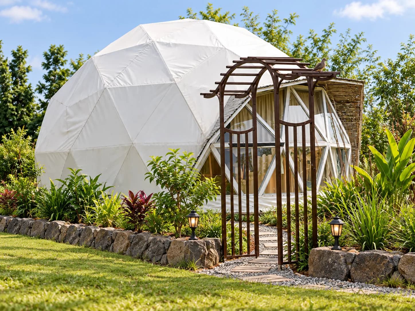 Mushroom Tent Cottage (Whispering Fungi) exterior with garden pathway