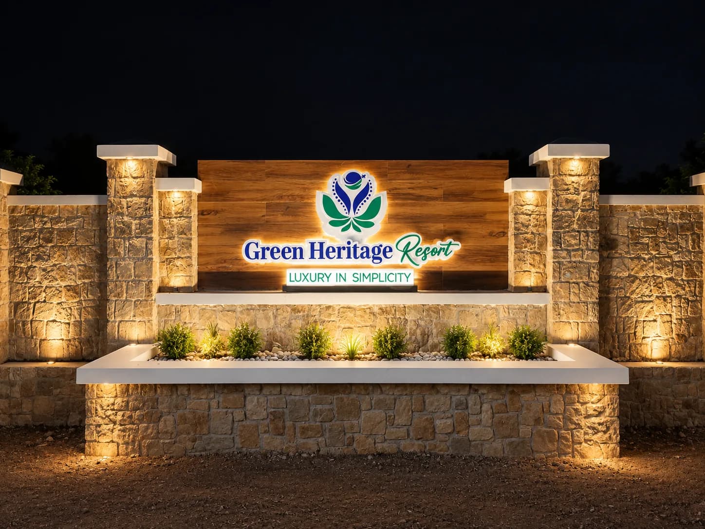 Illuminated main entrance signage of Green Heritage Resort at night