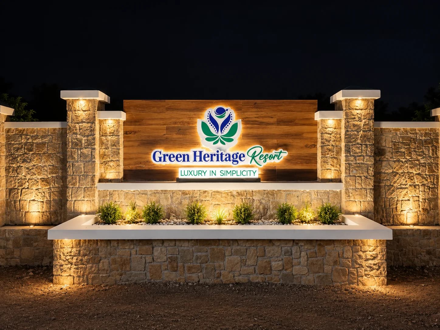 Illuminated main entrance signage of Green Heritage Resort at night